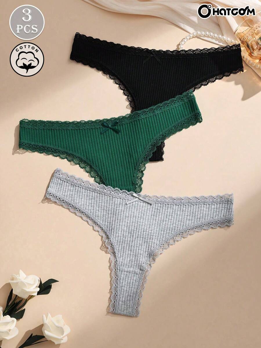 3pcs/Pack Cotton Lace Patchwork Bow Thong Panties, Seamless & Stretchy Women's Underwear