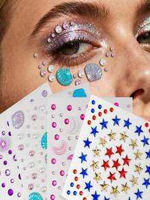 1片彩色立体闪亮宝石脸贴，包含闪光花朵、贝壳、月亮图案，1张星星DIY眼部面部宝石贴纸，适合情人节、舞蹈表演、派对、舞台角色扮演、公主妆容、假纹身等场合。