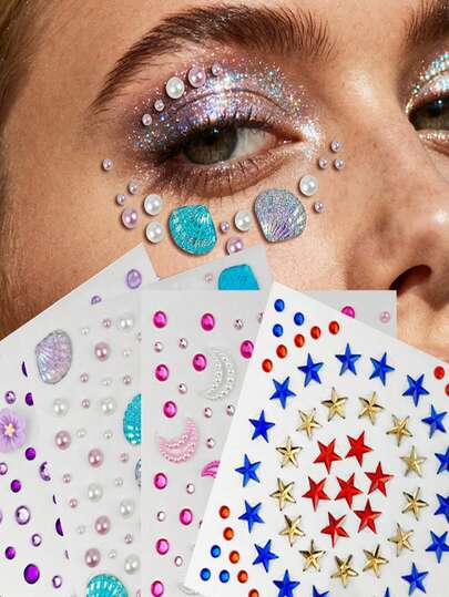 1pc Colorful Three-Dimensional Body Sparkling Gemstone Face Sticker,Glittery Flowers,Shells,Moon,1Sheets Stars DIY Eyes Face Jewels Stickers,Suitable For Valentine's Day,Dance Performances Parties And Stage Cosplay Princess Makeup Fake Tattoos