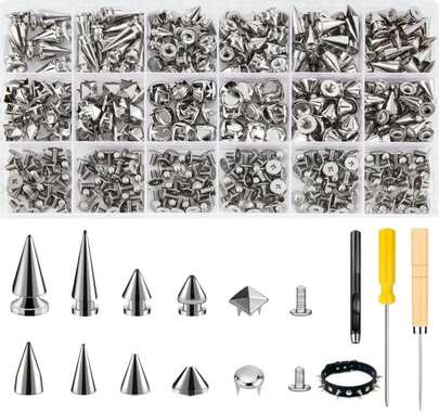 Craluuur 455PCS Punk Spikes And Studs Kit For Clothing, 12 Sizes Premium Metal Cone Spikes, Square Pyramid Studs &Amp; Round Dome Rivets For Leathercraft And Punk Style DIY Craft Decoration