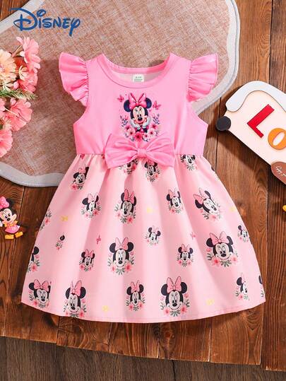  Disney Infant Girls' Summer Mickey Mouse & Minnie Mouse Floral Print Cute Sleeveless Dress, Children Casual Holiday Minnie Bow Decor Versatile Dress