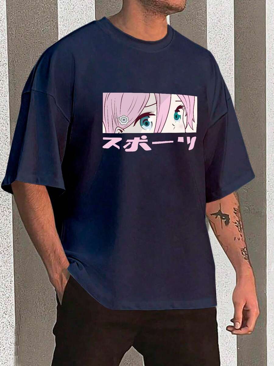 Y2K Anime Eye Print Oversized T-Shirt, Loose Fit, Premium Soft Fabric, Summer/Spring - 藏蓝色 - 查看 1