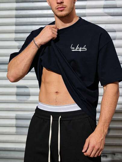 男士时尚简约设计，洛杉矶图案印花，轻盈舒适T恤，适合馈赠亲友，适合户外徒步、日常休闲穿着、运动健身短袖T恤