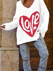 大码女式撞色爱心毛衣，柔软宽松休闲V领套头长袖上衣，春秋季度假白色 - 白色 - 查看 3