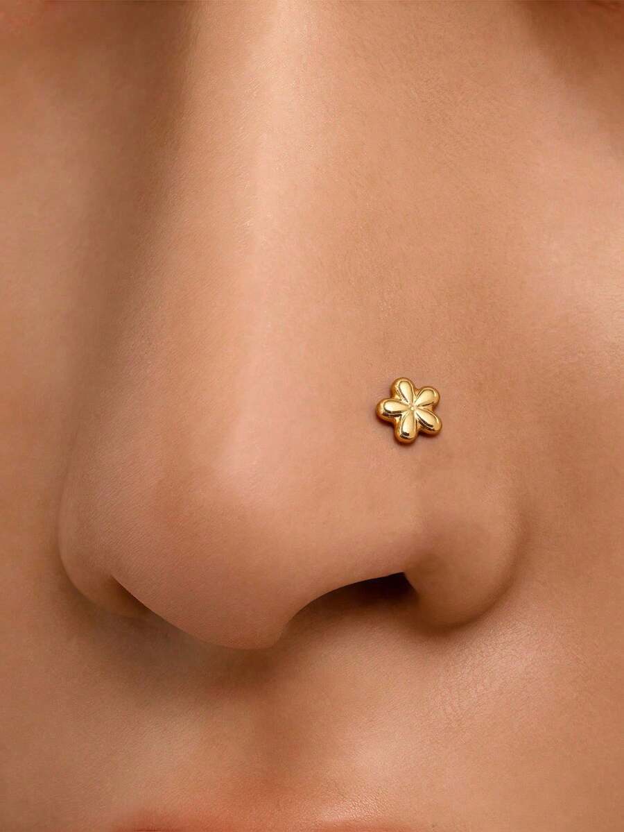 3Pcs Set Flower Nose Ring Set, Hypoallergenic Stainless Steel 18K Gold Plated - 20G, Washable, No Need To Remove, No Need To Care For Ear Piercings, S-Shaped, L-Shaped, And Straight Nose Rings, Piercing Jewelry Set - Multiple Styles - View 1