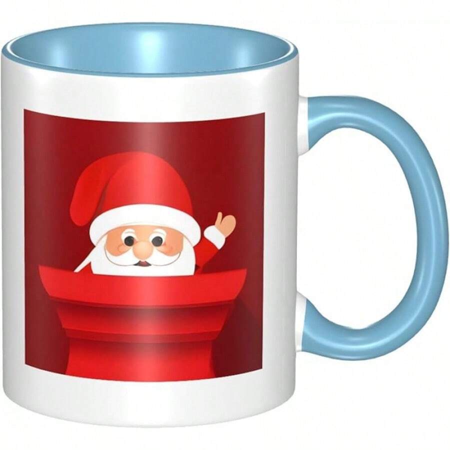 Cute Santa Claus Print Coffee Mug â€" 3d Pattern Double Color Ceramic Mugs, 11oz Two Tone Color Ceramic Cup, Funny Coffee & Tea Drinking Cups 2EBK - Sky Blue - 查看 1