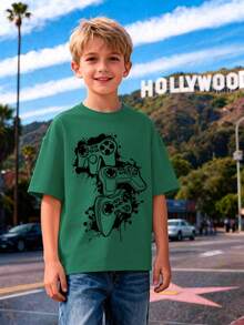 青少年男孩手绘涂鸦游戏手柄图案圆领T恤，新款夏季男童服装 - 墨綠色 - 查看 1