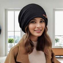 1pc Knitted Knitted Hat, Women Thickened Fashion Versatile Beanie, Autumn/Winter - Black - View 2