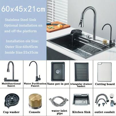 Kitchen Sink Stainless Steel Waterfall Sink, Gunmetal Gray, Multifunctional Kitchen Sink Worktops With Cup Washers, Undermount Sink Kitchen Sink Sink Glass Washers, Integrated Sink With Waterfall Faucet