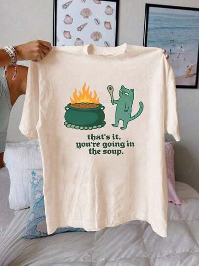 Plus Size Women's Cat And Letter Print Casual Simple Loose Cute Comfortable Street Style Everyday Round Neck Short Sleeve Plus Size T-Shirt Top