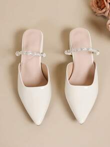 Giày mules hở gót mũi nhọn đính ngọc trai mới dành cho nữ, gót thấp, kiểu dáng casual. - Màu be - Xem 6