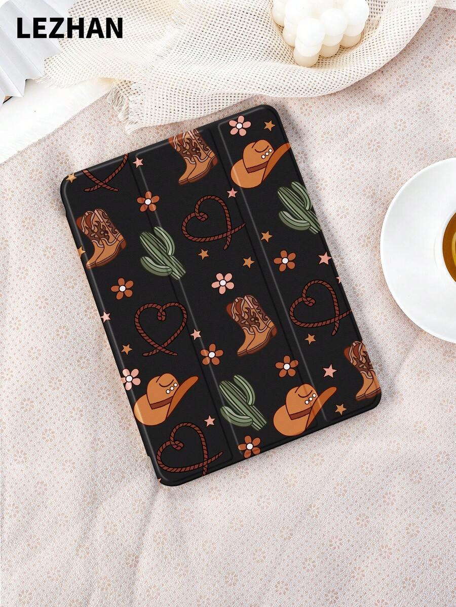 1 件装西部牛仔靴图案扁平保护套，带笔槽，防震，三折式平板电脑支架保护壳，兼容 10.2 英寸平板电脑，例如 2021/2020/第十代 Pro 11、(A16) 11 英寸（第十一代/2025）、第八/第九/第十代、Galaxy Tab A8 10.5 英寸（2022）、Matepad 10.4/Tab，支持睡眠/唤醒功能 - 彩色 - 查看 1