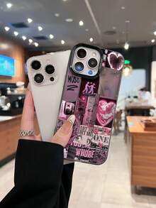 Collage rosa con corazones, música y grafitis. Esta elegante funda es compatible con los modelos  17, 16, 15, 14 Pro Max, 13, 12, 11, XR y XS Plus. Fabricada en silicona TPU, ofrece protección contra golpes y caídas, además de una sensación superior. Es un regalo ideal para familiares, amigos y seres queridos, y una opción perfecta para Año Nuevo. - Negro - Ver 3