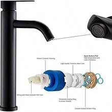 Grifo de lavabo moderno, grifo de bao negro mate, grifo de acero inoxidable, con cao de 30 cm de alto, grifo de lavabo de un solo orificio - Negro - Ver 8