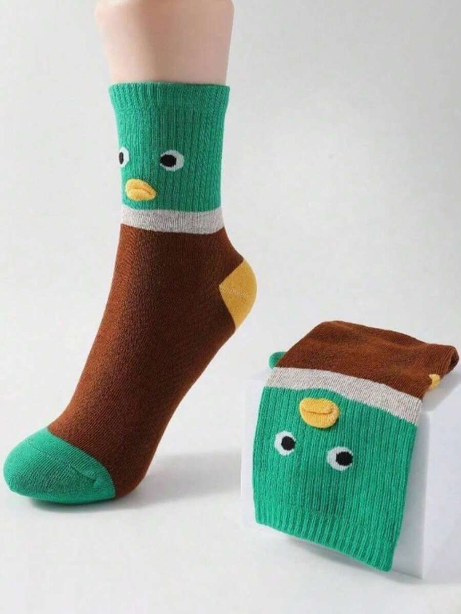 1 双春夏中筒袜，透气网眼面料，独特的 3D 卡通鸭子图案，长袜设计，青春时尚，适合女孩穿着。 - 彩色 - 查看 1