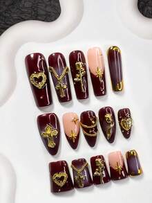 10pcs Vintage Luxury Gel Nail Art Set, Acrylic Press-On Nails, Retro Asymmetrical Rose, Hollow Heart Nail Decor, Golden Cross, Starry, Chain Design, Mini Golden Rhinestone Decoration, Golden Framed Nail Decor Nail Supplies Handmade Press On Nails - Multicolor - View 1