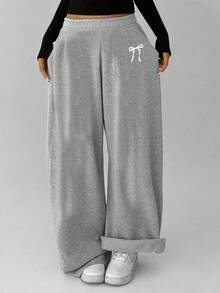 1件少女休闲弹力腰裤，个性化蝴蝶结印花，适合户外穿着，保暖内衬，春、秋、冬季皆宜。 - 淺灰色 - 查看 3