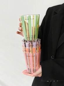 1pc Cute Striped "Good Luck" Glass Cup, Breakfast Milk Cup, Latte Cup, Heat-Resistant Transparent Water Cup, Couple Striped Water Cup, Holiday Gift - Multicolor - View 3