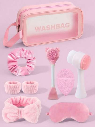 Set de 9 piezas que incluye: diadema, muñequeras y esponja para spa de mujer, bolsa de tocador impermeable y cepillo facial, todo en un elegante estuche como regalo para fiestas y uso diario