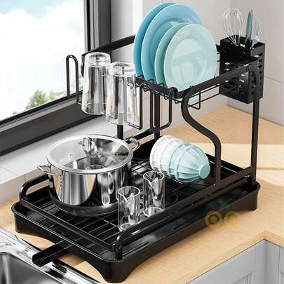 Escurridor De Vajilla De Doble Capa, Escurridor De Platos De Acero Inoxidable De 2 Niveles, 2-Tier Dish Rack For Kitchen Counter, Porta Vajilla Con Ganchos Y Porta Cuchillos, Tenedor Y Palillos, Side Sink Black Dish Drying Rack With Utensil Holder, Sink Caddy , Cutting Board Organizer, Durable Stainless Steel Dish Strainer, Apto Para Encimeras De Cocina, Lo Que Facilita El Secado De La Vajilla. El DiseñO Es Simple Y Hermoso, Y FáCil De Llevar