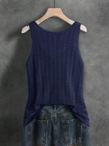 Women's Summer Hollow Breathable Versatile Solid Color Knitted Openwork Ribbed Sleeveless Vest, Suitable For Sports, Fitness, Daily Wear, Summer Vacation, Casual, Unisex, Soft And Comfortable, Spring/Summer - Navy Blue - View 5