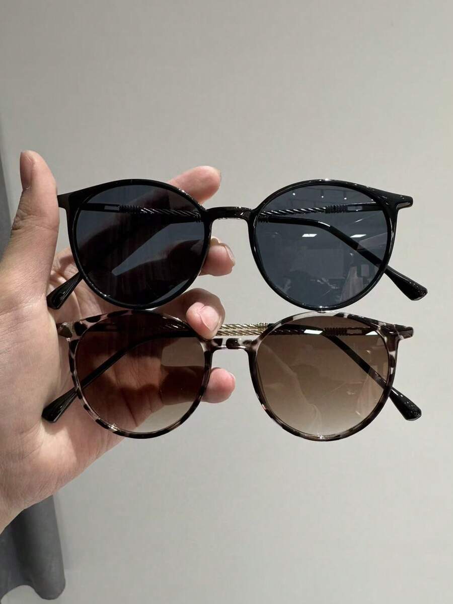 2pcs Plastic & Metal Round Full-Frame Gradient UV Protection Glasses, Modern Minimalist Style For Women, Suitable For Driving, Street Photography, Vacation Outfits, Family Outings, Essential Summer Accessory, Fits All Face Shapes - 2pcs 黑灰白豹紋 - 查看 1