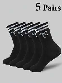 1/5/10 Pairs New Bow Tie Mid-Calf Socks, Thick Mid-Calf Socks With Striped Bow Tie Design, Suitable For Various Outfits, Unisex Couple Mid-Calf Socks