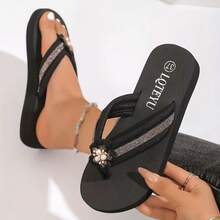 Women's Ruffle Double Flower Flip Flops, Thick Sole Outdoor Thong Sandals - Black - View 1