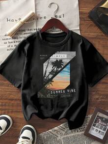 Tricou de vară cu mânecă scurtă pentru femei, cu imprimeu grafic și guler rotund, model tropical cu palmier și apus de soare, pentru purtare zilnică, stil streetwear de vacanță