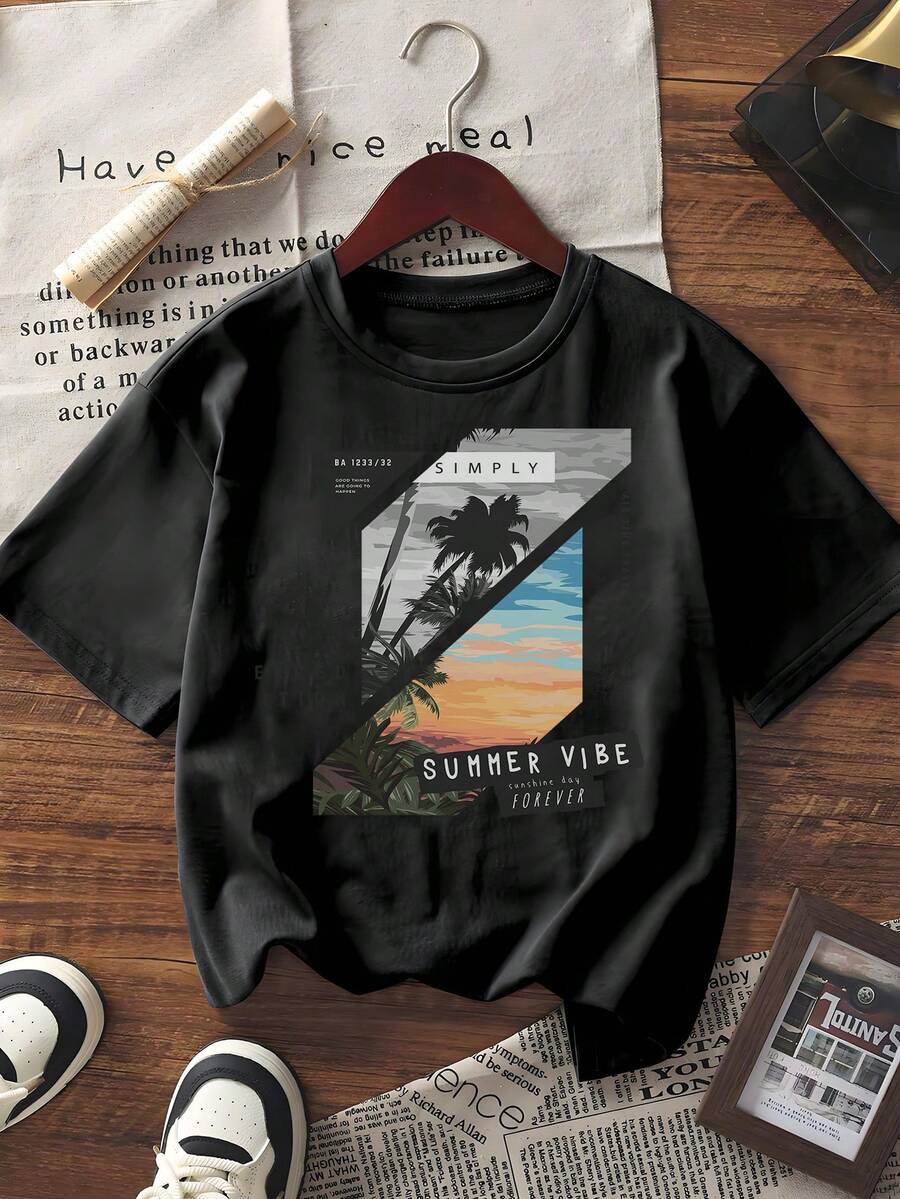 Tricou de vară cu mânecă scurtă pentru femei, cu imprimeu grafic și guler rotund, model tropical cu palmier și apus de soare, pentru purtare zilnică, stil streetwear de vacanță