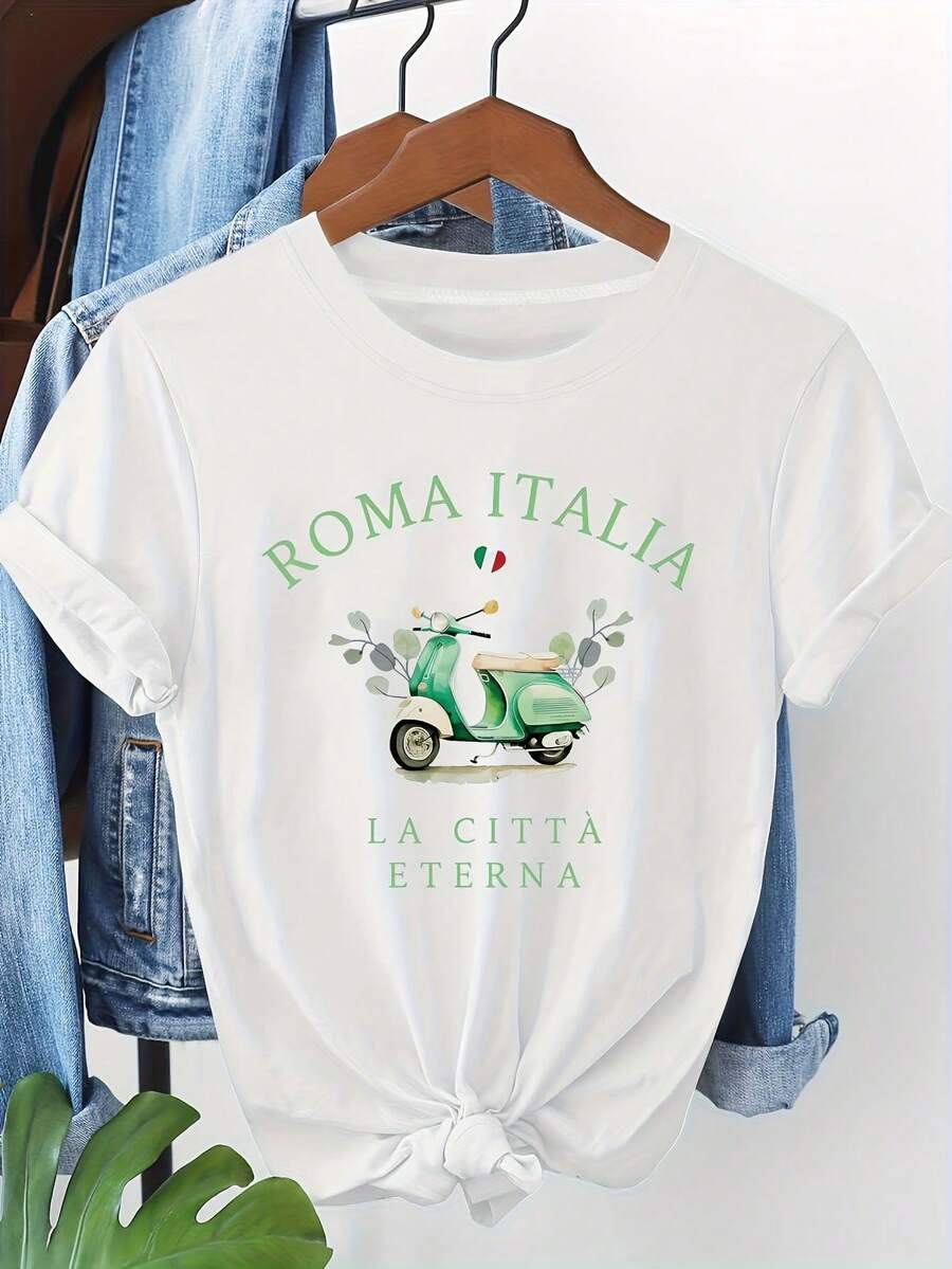 Women's ROMA ITALIA Italy Brand T-Shirt - Short Sleeve Crew Neck Casual Top With ROMA ITALIA Letter Print, Spring Summer Blouse For Casual Attire, Machine Washable Italian Tee - trắng - Xem 1