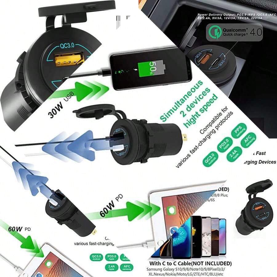 Car Marine Boat Motorcycle Golf Quick Charge 4.0 PD Type C and 3.0 USB Charger Socket, Waterproof Dual Ports Outlet - ABAA2112 - Ver 1