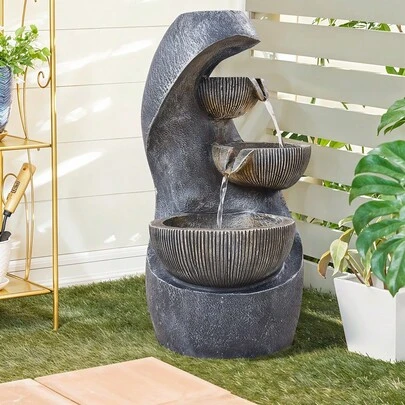 1pc Solar-Powered Cascading LED Flowing Water Bowl Fountain | Rustic Resin Stone-Effect Garden Ornament Statue | Features Built-In LED Lights & Solar Water Pump | Elegant Outdoor Decor For Patio, Yard | Large 28.5*26*50CM