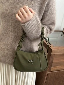 1pc Nylon Pleated Baguette Bag, Women's Casual Drawstring Shoulder Bag, Versatile Bow Decor Handbag - Green - View 3
