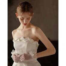 Short Lace Mesh Gloves Tulle Border With Pearls Wedding Opera Tea Party Gloves For Women Formal,OneSize,Ivory-2 - 象牙-2 - 查看 7
