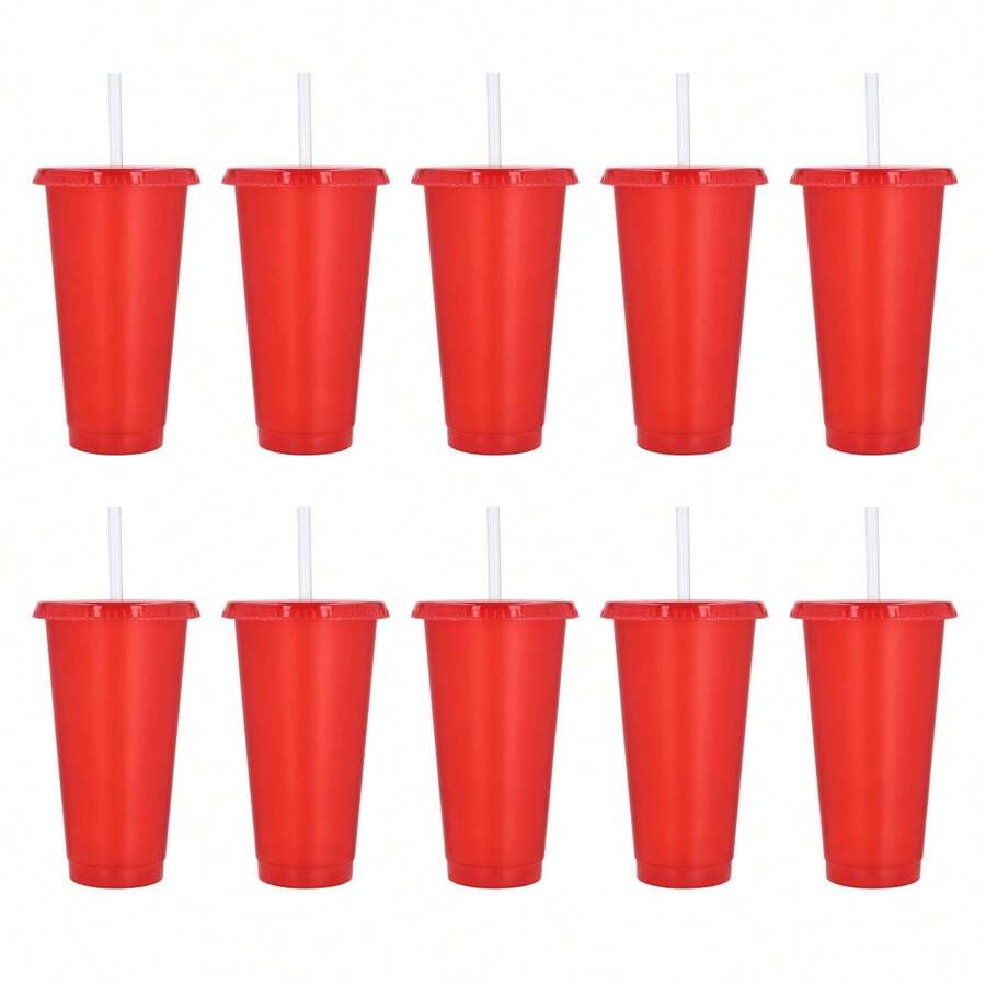 PromoClick Paquete de 10 Vasos de plástico transparente con tapa traslúcida. (Incluyen popote) Cap. 700 ml - Rojo - Ver 1