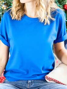 Women's Basic Solid Color Short Sleeve Crew Neck Pure Cotton T-Shirt, Slim Fit Casual Daily Top, Sizes S-XXXL, Soft Breathable Comfortable Tee, Lightweight Summer Fashion Essential, Easy To Match, Classic Style, High-Quality Cotton Fabric, Suitable For All Seasons,  Basic Top For Women - Màu xanh lam - Xem 2