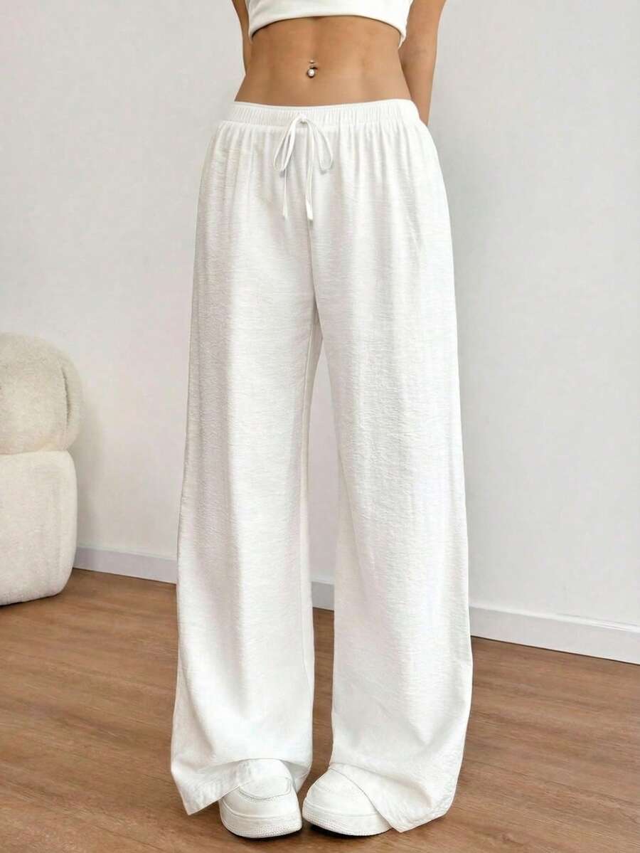 Women's Minimalist Bohemian Style Casual Linen Loose Fit Low Waist Pants, Elegant Summer Vacation Sunshine Casual Bohemian Style White Airport Autumn Outfit, Suitable For All Seasons Parties, Also Suitable For Valentine's Day Outfit - White - View 1