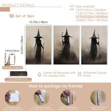 3pcs/Set Retro Witch Halloween Canvas Art Print, Abstract Wall Decoration, Suitable For Home Decor, Room Decor, Bedroom Decor, Living Room Decoration, Bathroom Decor, Wall Decor. Optional Wall Art With Frame.