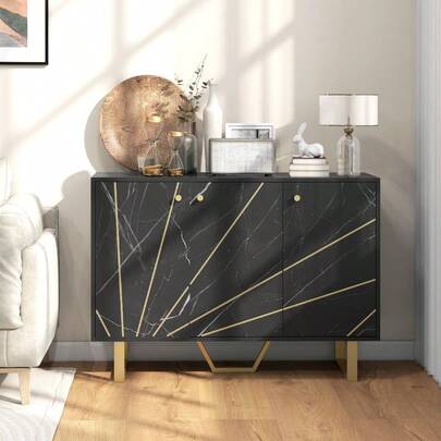 Sideboard Storage Cabinet, Modern Storage Cupboard With Adjustable Shelves And Metal Legs For Living Room, Kitchen, Dining Room, Entryway, Black Marble Tone