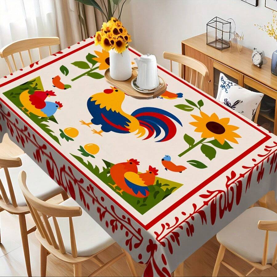 1pc Colorful Rooster & Sunflower Patterned Tablecloth, Countryside Style, Washable, Stain-Resistant, Suitable For Kitchen, Dining Room, Outdoor Picnic, Home Decor, Parties, Indoor/Outdoor Use - Multicolor - View 1