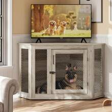 52-Inch Corner Dog Crate Furniture - Wooden Pet Kennel With Mesh, Space-Saving Design For Small/Medium/Large Dogs - Grey (27.6 Inches Long X 52.0 Inches Wide X 29.1 Inches High) - View 4