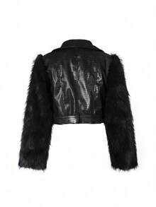 Women's Fashion Faux Fur Crocodile Print Jacket Collar Design Waist Belt Detail Zipper Closure - Black G0772 - View 7