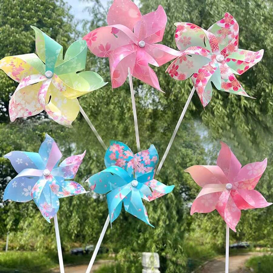 3pcs Sakura 6-Blade Pinwheel, Outdoor Plastic 8-Blade Weathervane, Outdoor Decorative Pinwheel, Suitable For Lively Rotating Outdoor Decor In Yard, Lawn And Garden (Assorted Pinwheel Colors), Requires Assembly - Multicolor - View 1