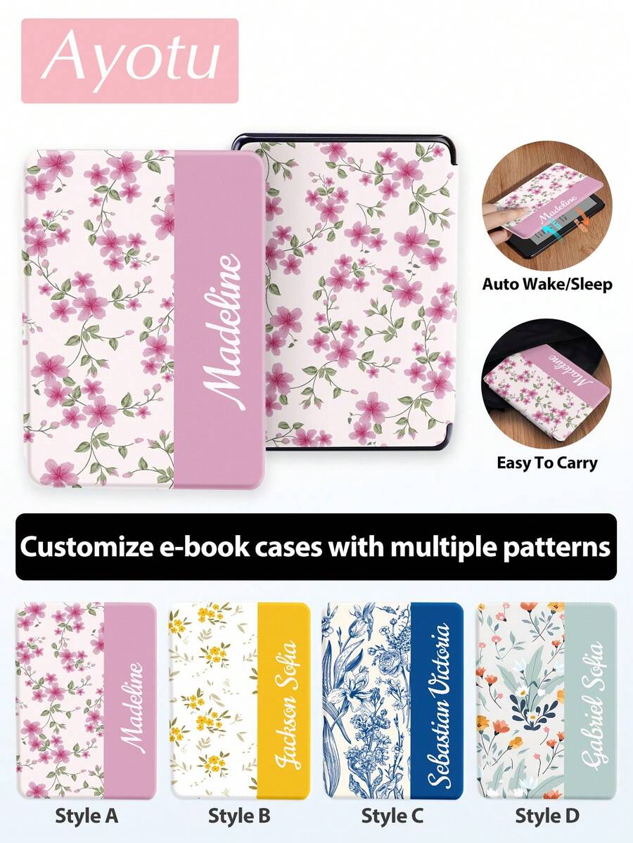 Floral Patterned Name And Text Customizable Notebook And E-Book Case, Compatible With Kindle Paperwhite 12th Generation (Released In 2024) And Kindle 11th Generation (Released In 2022/2024), Available In Multiple Styles. The Stylishly Designed Case Also Works With Kobo Clara 2E And Kobo Libra 7-Inch, Available In Multiple Colors