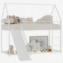 Twin Over Twin Bunk Bed With Slide For Children's Bedroom, House-Shaped Bed Frame With Ladder, No Box Spring Required & Easy To Assemble - 白色 - 查看 7