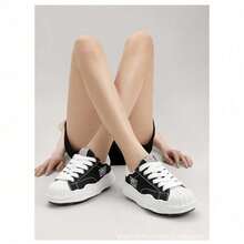 New MMY Shoes Classic Black And White Men's Retro Casual Sneakers - Low-Top Lace-Up Shoes With A Breathable Fabric Upper, Cushioned Rubber Sole And Durable Black Accents For All-Season Comfort And Everyday Wear. Minimalist Design With Fabric Upper - 黑色布料電動刺繡 - 查看 3