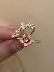 Bộ 5 chiếc nhẫn hở có thể điều chỉnh kích thước, thiết kế hoa văn, hình học, bướm thanh lịch, đính đá Cubic Zirconia và ngọc trai giả, phù hợp cho nữ giới đeo hàng ngày, đi nghỉ mát, dự tiệc, mặc thường ngày, thời trang, mùa xuân/hè (Không kèm hộp quà). - Vàng - Xem 4