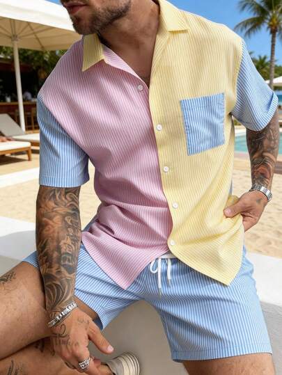 2pcs Men's Casual Striped Polo Collar Contrast Color Short Sleeve Shirt And Shorts Set, Fashionable And Versatile
