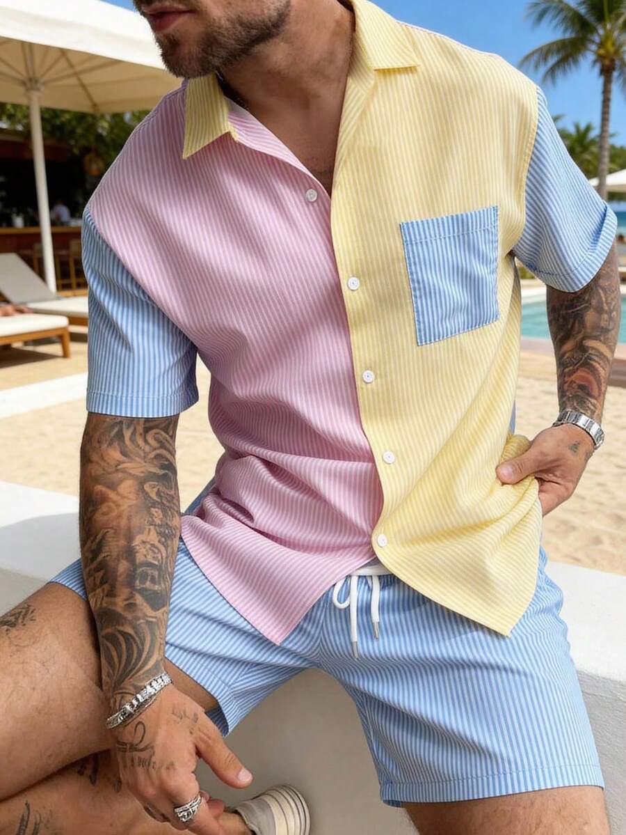 男士休闲条纹 Polo 领撞色短袖衬衫和短裤两件套，时尚百搭 - 粉色 - 查看 1